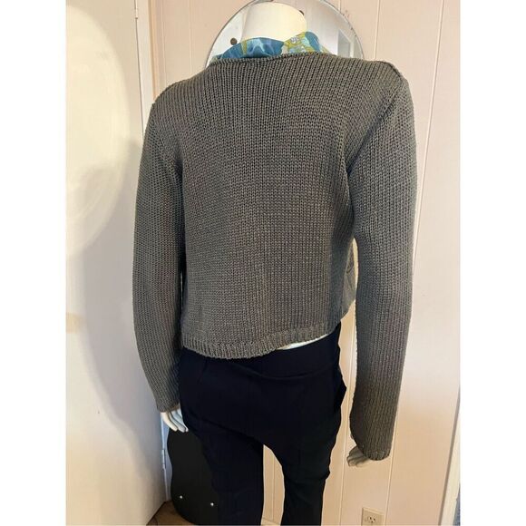 Olive Green Chunky Knit Hand Painted Open Front Cardigan Made in France generous - Picture 5 of 6